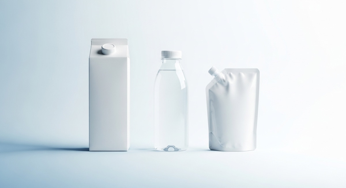 Side-by-side comparison of milk carton, plastic bottle, flexible pouch and glass bottle
