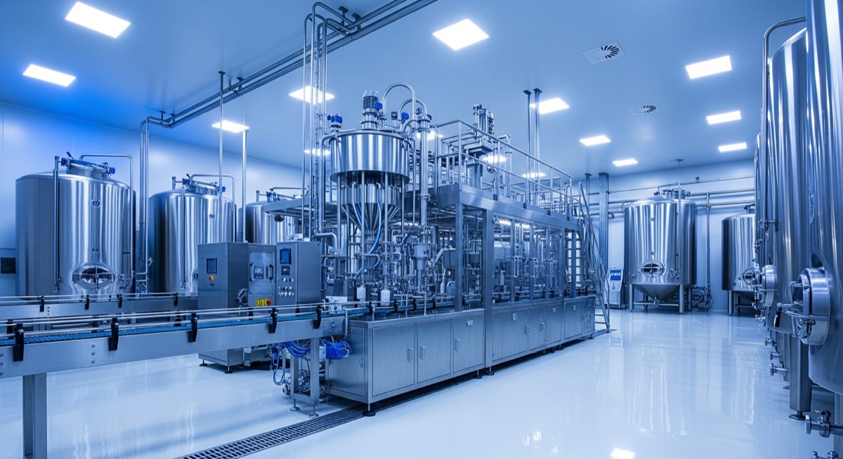 UHT aseptic filling line equipment in a dairy processing facility